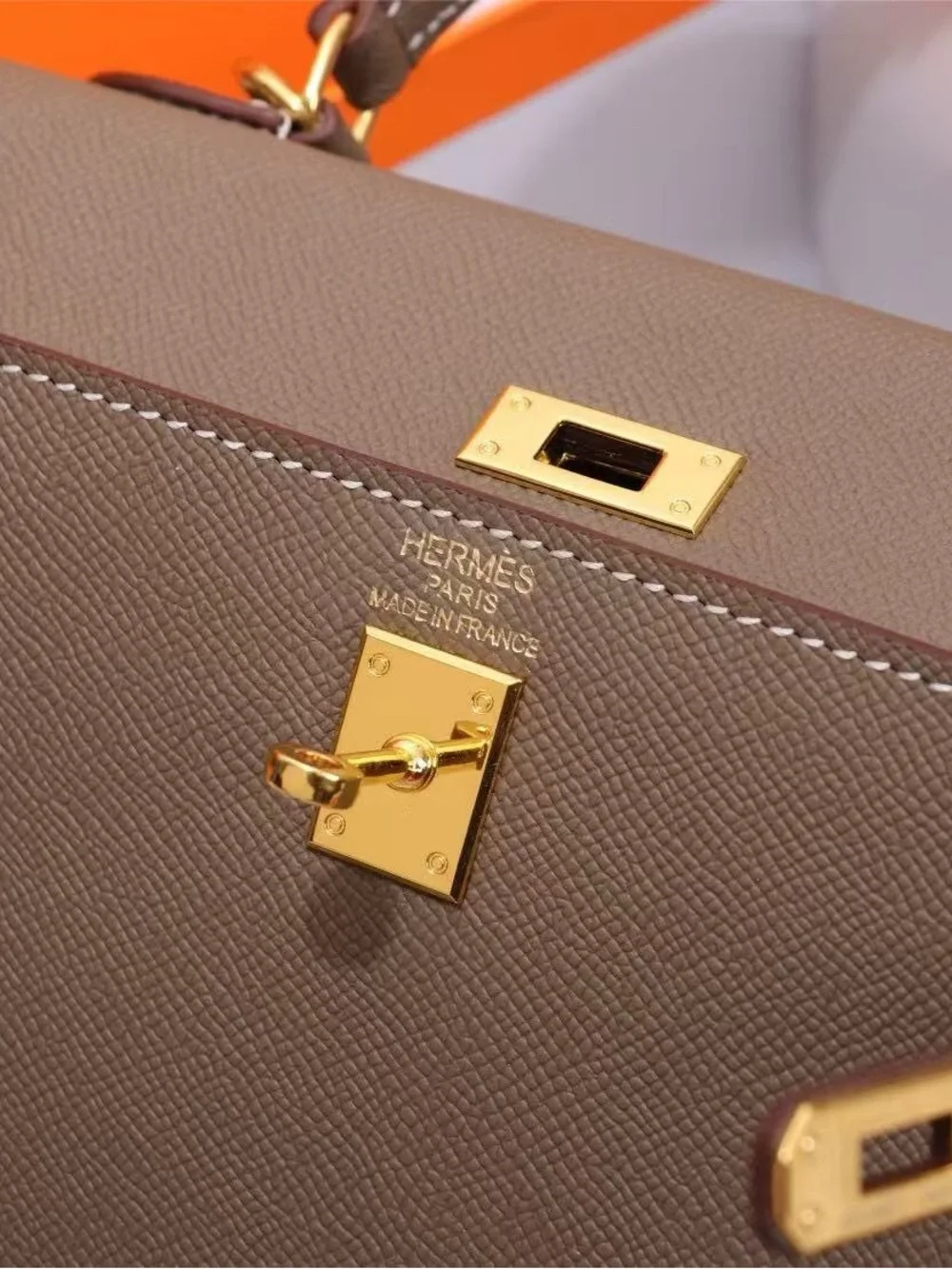 Structured Top-Handle Satchel in Taupe with Gold Hardware